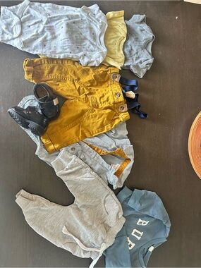 Mustard Yellow Baby Overalls with Navy Straps + Neutral Essentials